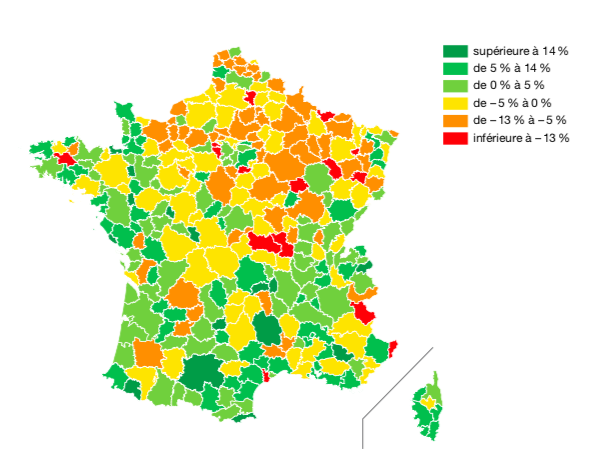 FIGURE 2. Variation de l’emploi industriel due à l’effet local par zone d’emploi (2009-2015)