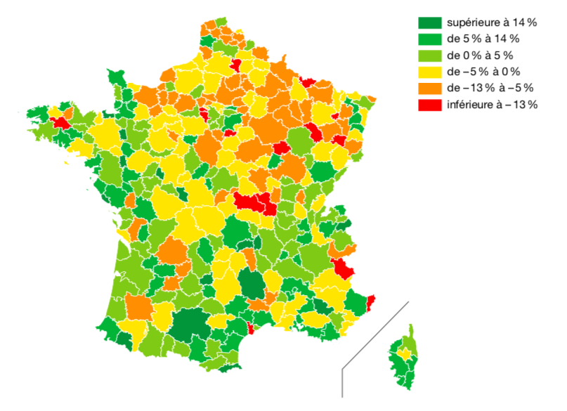 Figure 6 – Variation de l’emploi industriel due à l’effet local par zone d’emploi (2009-2015)