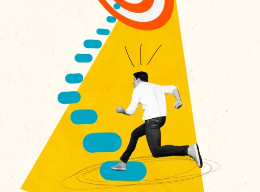 Productivité : L'image montre une composition artistique où un homme est en mouvement sur un chemin jaune en forme de triangle. Il est représenté en noir et blanc, en contraste avec l'arrière-plan coloré. Le sommet du triangle pointe vers une cible de couleur rouge et orange avec un centre blanc. Le chemin est ponctué de pastilles bleues, alignées en une séquence d'escalier, suggérant des étapes ou des objectifs. L'ensemble de l'image a une esthétique très graphique et minimaliste, évoquant des thèmes de progression, de cibles et de mouvement vers un but.