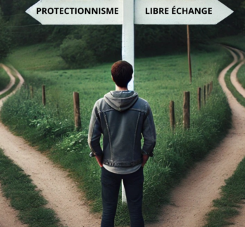 Protectionnisme et défense de l’industrie : ce que les Américains ont à nous dire : image de couverture avec un homme face à un panneau lui proposant deux directions.