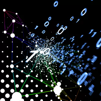 Cette image représente une visualisation conceptuelle de données numériques et de réseaux d’information, probablement destinée à illustrer des thématiques comme l’intelligence artificielle, la simulation numérique ou la transformation digitale dans l’industrie.