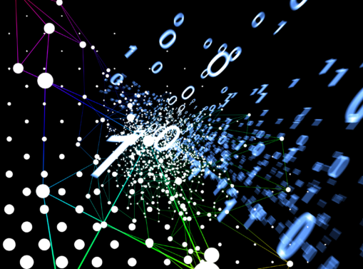 Cette image représente une visualisation conceptuelle de données numériques et de réseaux d’information, probablement destinée à illustrer des thématiques comme l’intelligence artificielle, la simulation numérique ou la transformation digitale dans l’industrie.