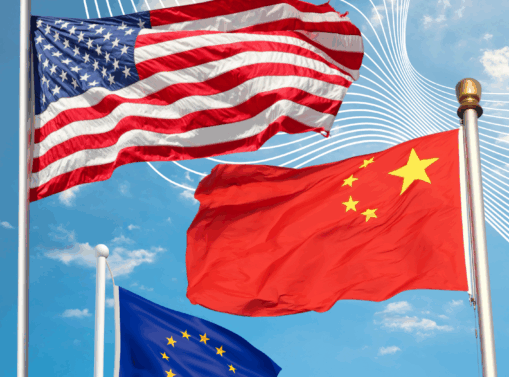 Les drapeaux de la Chine, des États-Unis et de l’Europe flottent dans le ciel. Couverture de 
