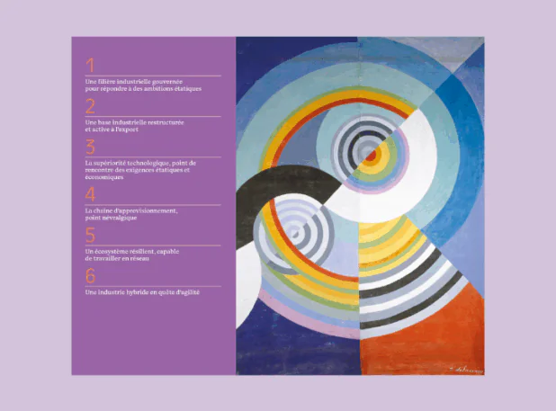 Sommaire - L’industrie de défense au service des ambition française. De la maîtrise à la supériorité. À gauche, un fond violet énumère six axes stratégiques : gouvernance, base industrielle, supériorité technologique, chaîne d’approvisionnement, écosystème résilient et agilité. À droite, une œuvre abstraite colorée de Sonia Delaunay symbolise la dynamique et la modernité de l’industrie.
