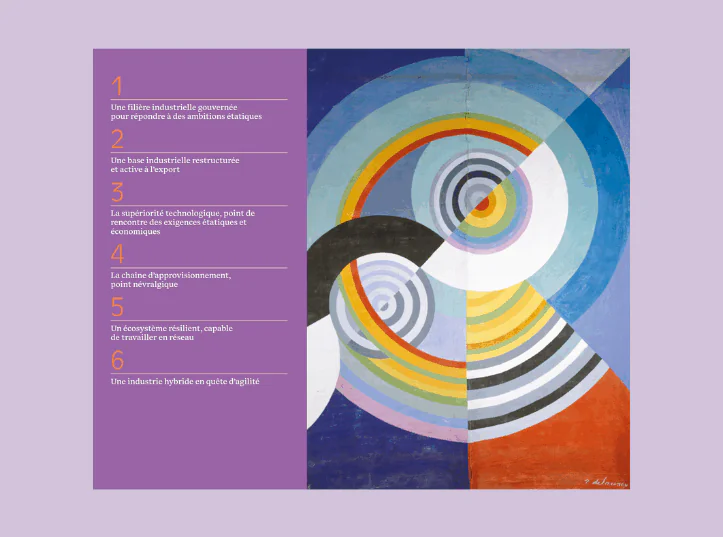 Sommaire - L’industrie de défense au service des ambition française. De la maîtrise à la supériorité. À gauche, un fond violet énumère six axes stratégiques : gouvernance, base industrielle, supériorité technologique, chaîne d’approvisionnement, écosystème résilient et agilité. À droite, une œuvre abstraite colorée de Sonia Delaunay symbolise la dynamique et la modernité de l’industrie.