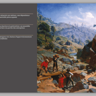 Double page du sommaire de la Note « Approvisionnements en métaux critiques », présentant les trois grandes parties du rapport, accompagnée d’une peinture de chercheurs d’or dans un paysage rocheux.