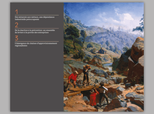 Double page du sommaire de la Note « Approvisionnements en métaux critiques », présentant les trois grandes parties du rapport, accompagnée d’une peinture de chercheurs d’or dans un paysage rocheux.