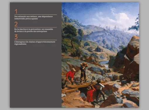 Double page du sommaire de la Note « Approvisionnements en métaux critiques », présentant les trois grandes parties du rapport, accompagnée d’une peinture de chercheurs d’or dans un paysage rocheux.