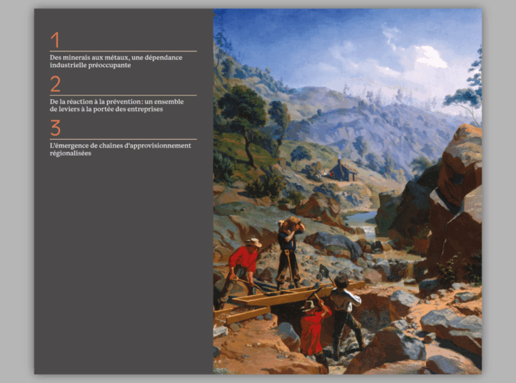 Double page du sommaire de la Note « Approvisionnements en métaux critiques », présentant les trois grandes parties du rapport, accompagnée d’une peinture de chercheurs d’or dans un paysage rocheux.